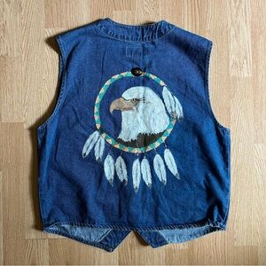 Painted Western Denim Jean Vest | Eagle Feathers Vintage 90s Y2K Arizona
